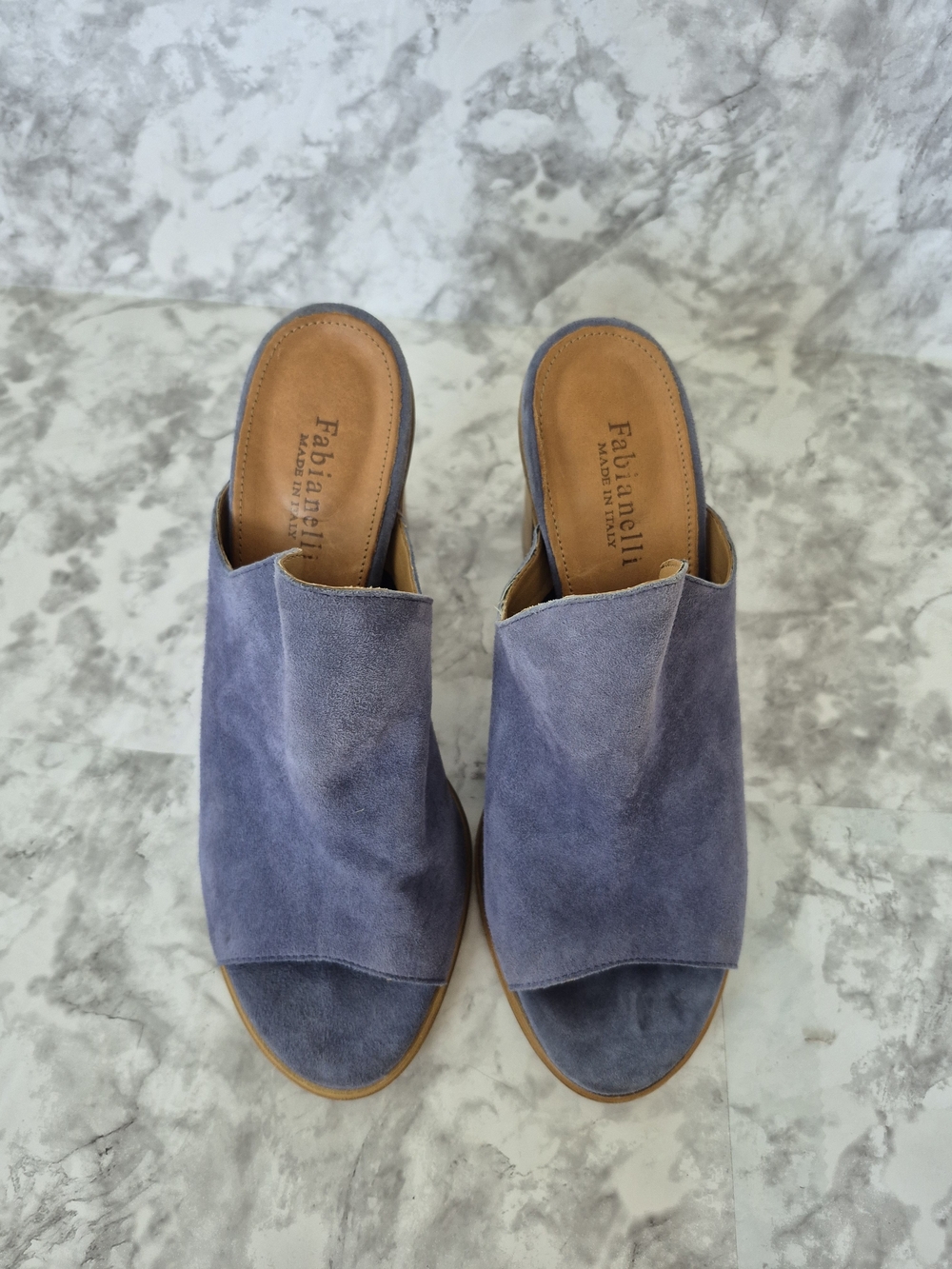 Fabianelli Italy Blue Suede Peep Toe Heeled Mules 7.5 - Picture 4 of 11